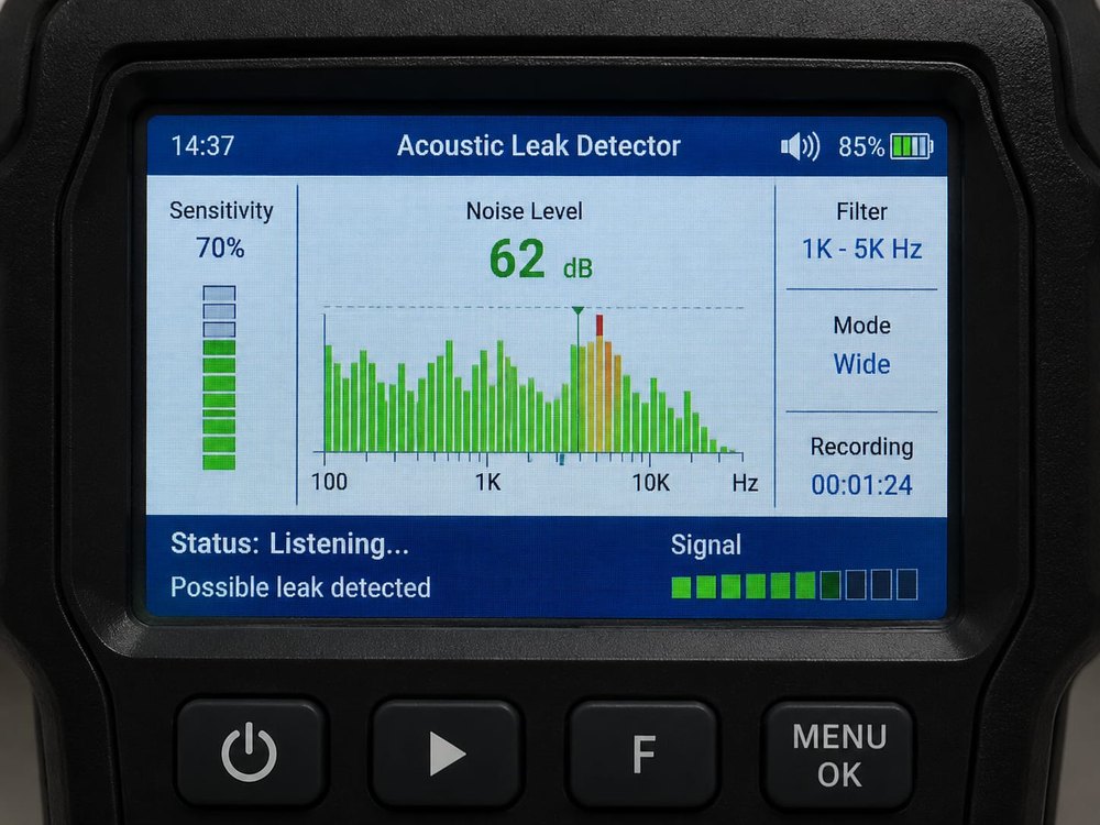 Acoustic leak detection, possible leak flagged
